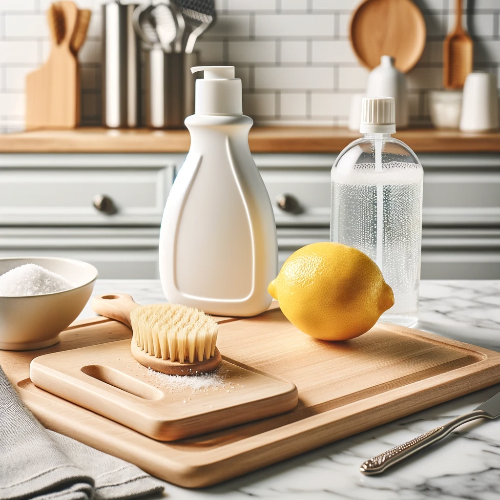 How to Deep Clean a Cutting Board - #1 Essential Guide 1 DALL·E 2023 11 17 16.15.10 A clean brightly lit kitchen scene showcasing two types of cutting boards on a marble countertop. On the left a wooden cutting board with a half lem